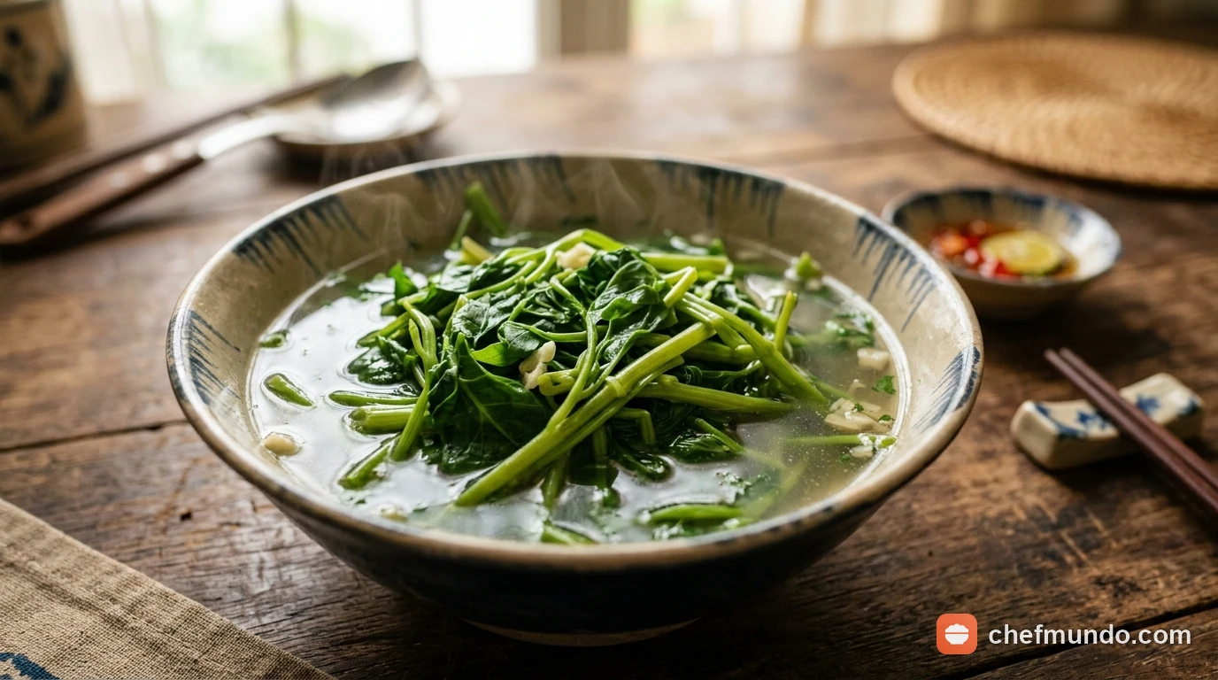 Tô canh rau muống luộc chín mềm thanh nhẹ, hỗ trợ tiêu hóa an toàn cho người bị đau dạ dày.