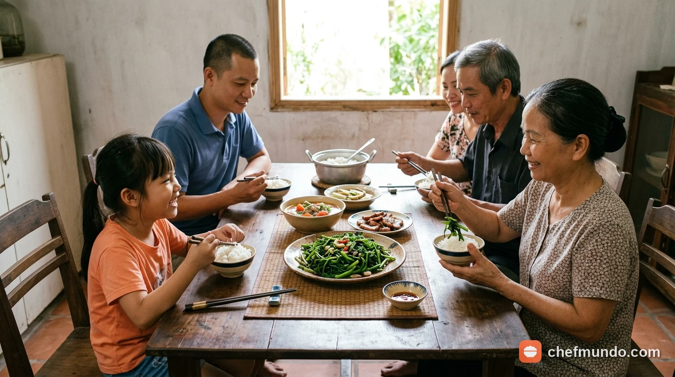 Bữa ăn gia đình Việt Nam với món rau muống luộc được chế biến chín kỹ, phù hợp cho người trào ngược dạ dày.