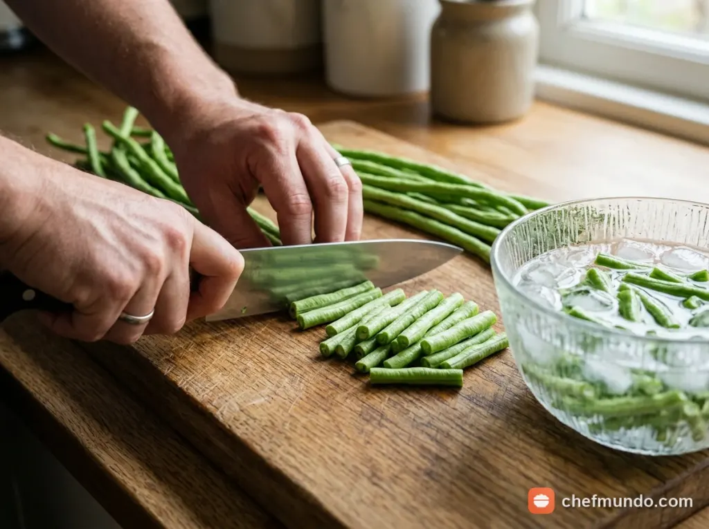 Tay chọn những quả đậu đũa tươi giòn tại quầy rau củ
