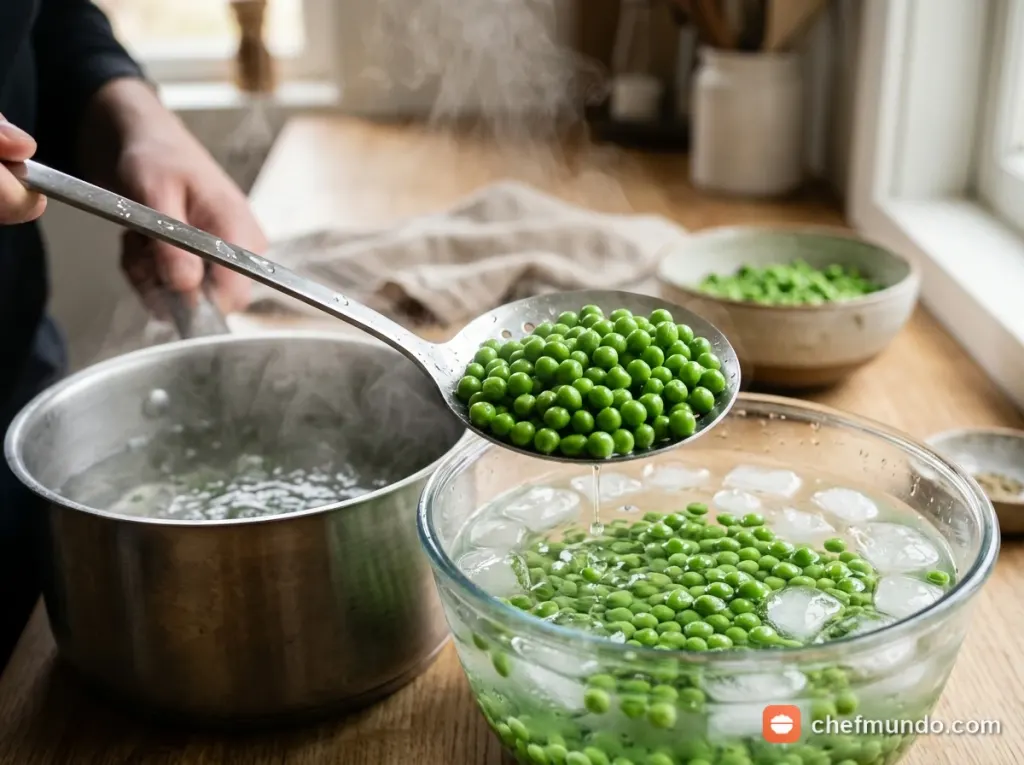 Bát sứ trắng đựng hạt đậu Hà Lan tươi xanh bóng vừa bóc vỏ
