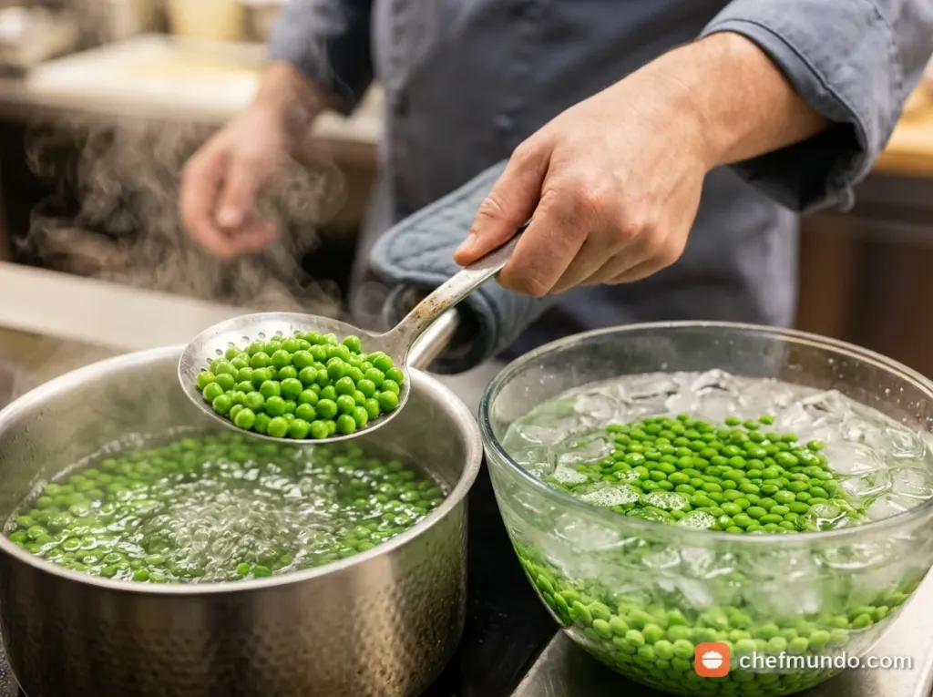 Kỹ thuật chần hạt đậu Hà Lan trong nước sôi và làm nguội trong âu nước đá để giữ màu xanh