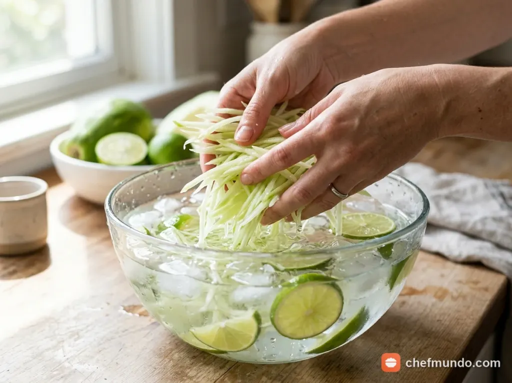 Sợi đu đủ xanh bào mỏng tươi giòn trong bát thủy tinh
