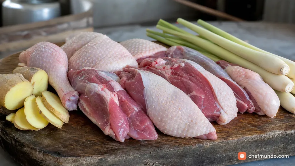 Thịt ngan tươi làm sạch kết hợp gừng tươi và sả để giảm tính hàn khi bị ho