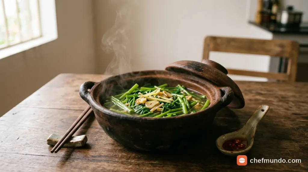 Rửa sạch rau muống dưới vòi nước chảy để loại bỏ bùn đất và ký sinh trùng
