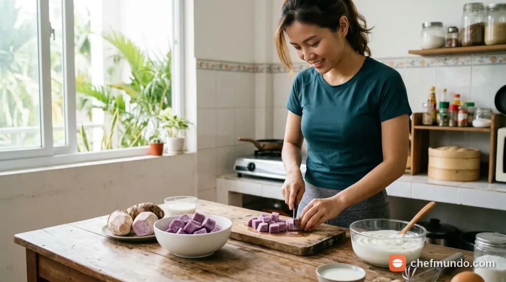 Chuẩn bị nguyên liệu khoai môn hấp và sữa chua để làm kem khoai môn eat clean tại nhà