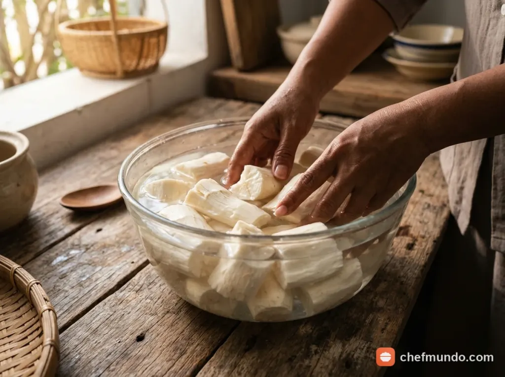 Thao tác bóc sạch hai lớp vỏ củ khoai mì trước khi ngâm nước khử độc