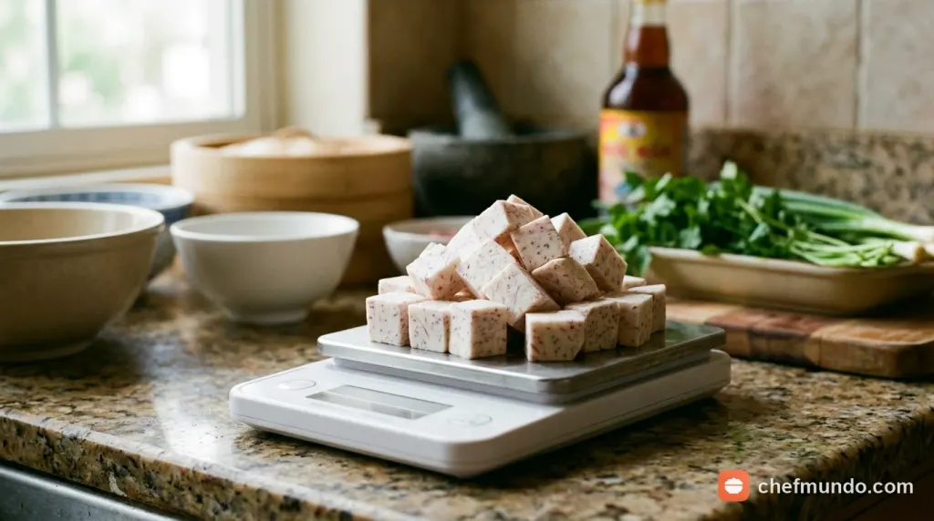 Khẩu phần 100g khoai môn cắt hạt lựu trên cân điện tử nhà bếp để tính lượng calo chuẩn