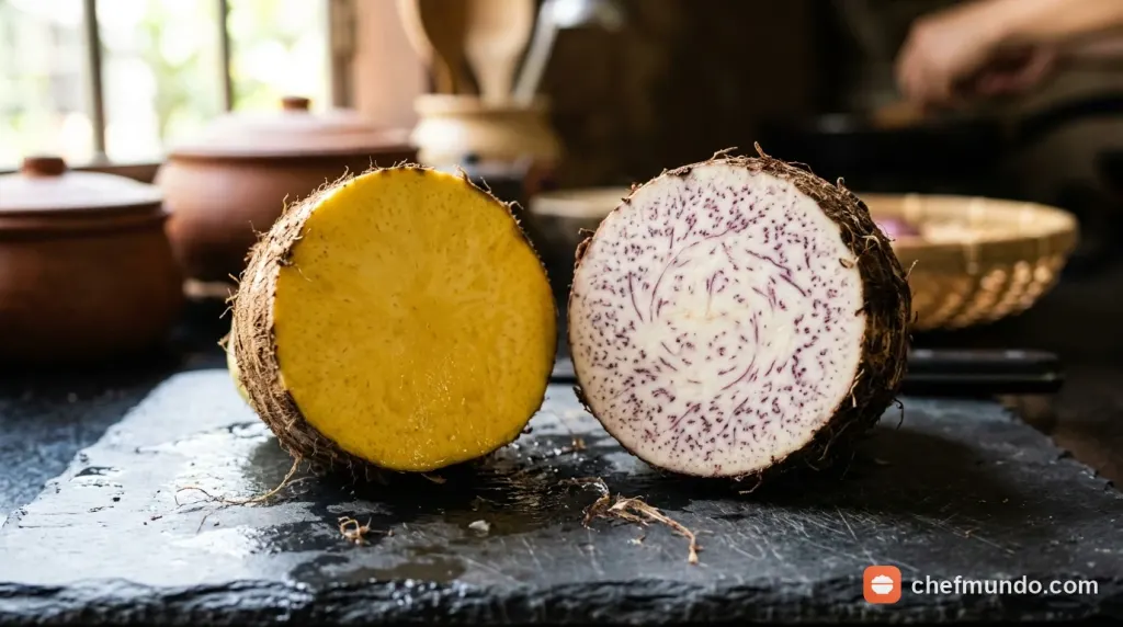 So sánh khoai môn sáp vàng ruột vàng dẻo và khoai môn thường cắt lát trên thớt