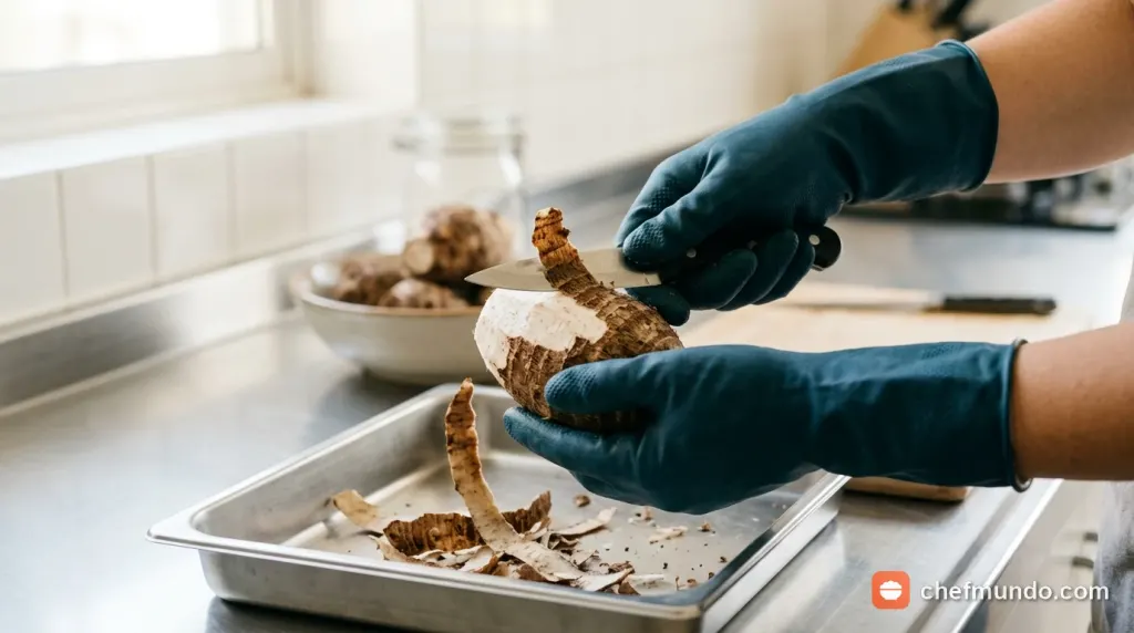 Người nội trợ đeo găng tay sơ chế khoai môn cao khô ráo bên thau nước muối giấm chống ngứa