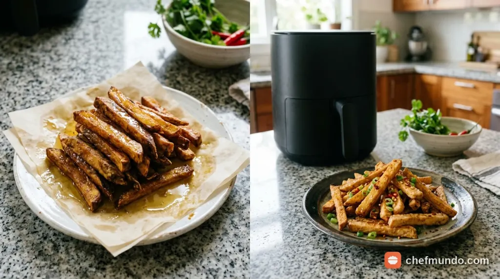 So sánh khoai môn chiên ngập dầu nhiều chất béo và khoai môn chiên bằng nồi chiên không dầu ít calo