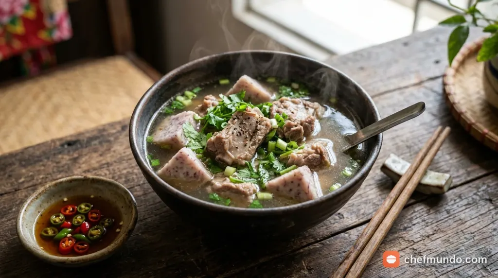 Bát canh sườn khoai môn nấu chín mềm thơm bùi cho bữa cơm gia đình
