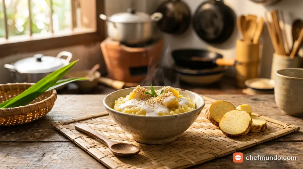 Bát chè khoai môn sáp vàng nấu nếp dẻo quánh chan nước cốt dừa béo ngậy
