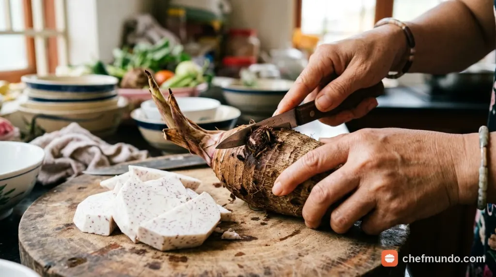 Thao tác dùng dao khoét bỏ sâu phần chân mầm củ khoai môn trước khi chế biến