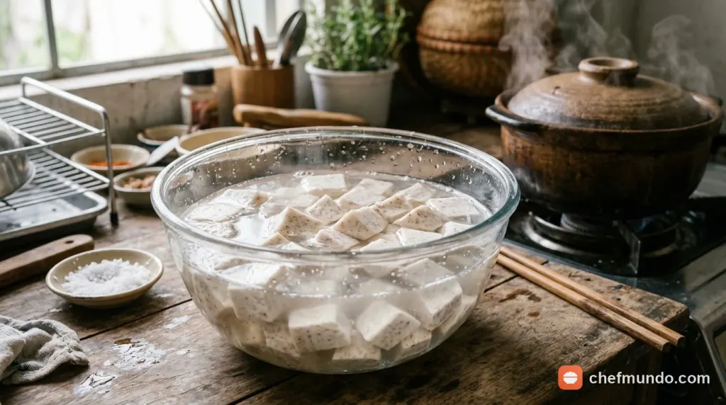 Ngâm các khúc khoai môn trong nước muối loãng để khử nhớt và giảm ngứa