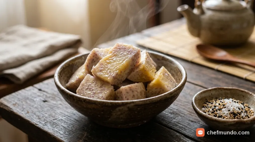 Đĩa củ hấp chín dẻo quánh vàng óng chấm muối mè rang thơm phức