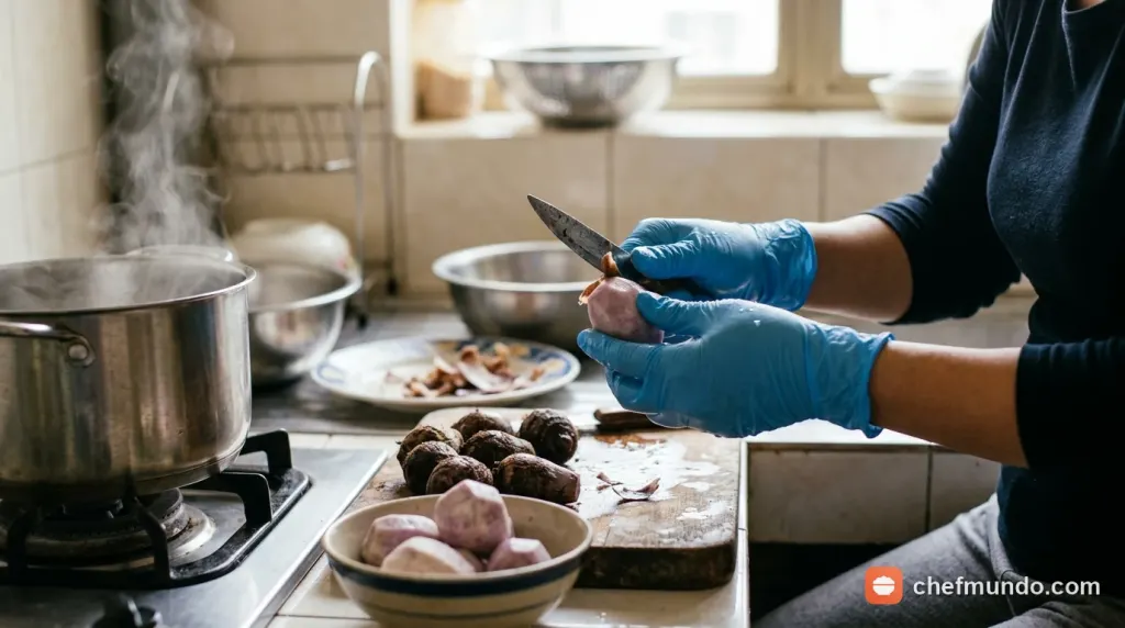 Thao tác gọt vỏ củ khoai khô ráo và ngâm ngay vào chậu nước muối chanh khử nhớt