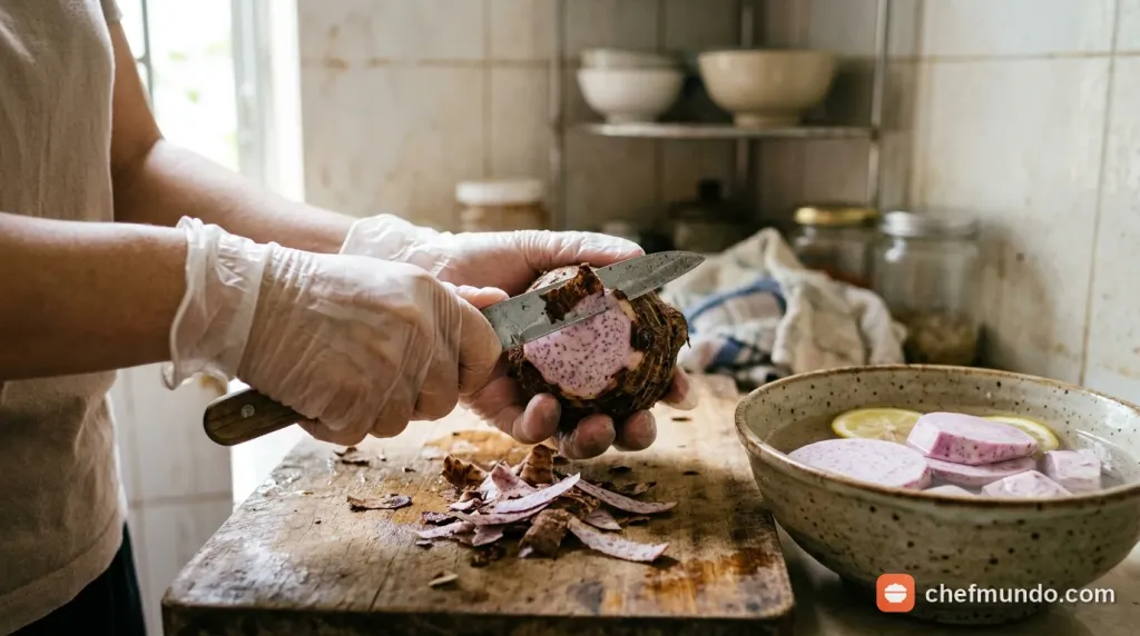 Người nội trợ đeo găng tay bảo hộ khi gọt vỏ củ tươi để tránh ngứa rát