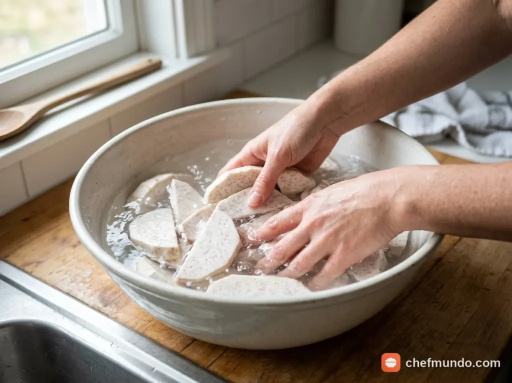 Đeo găng tay khi gọt vỏ khoai sọ để tránh kích ứng ngứa da