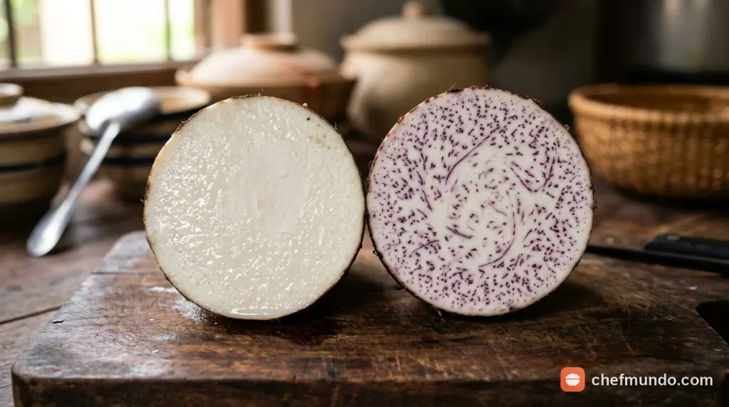 Cận cảnh mặt cắt củ khoai sọ trắng dẻo và củ khoai môn đặc ruột nhiều vân tím