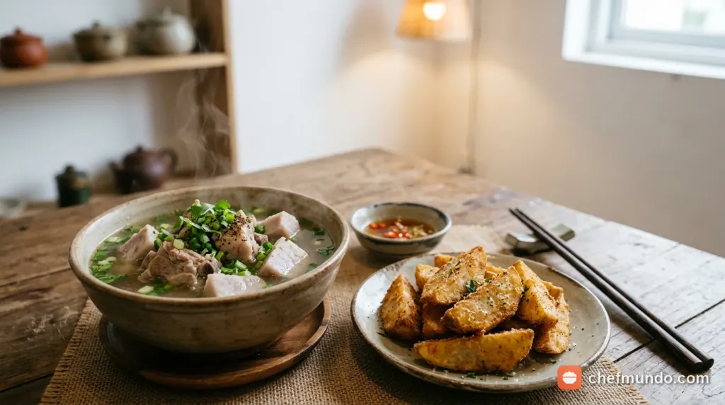 Món canh sườn khoai sọ dẻo thơm và đĩa khoai môn chiên giòn bùi chuẩn vị bữa cơm Việt