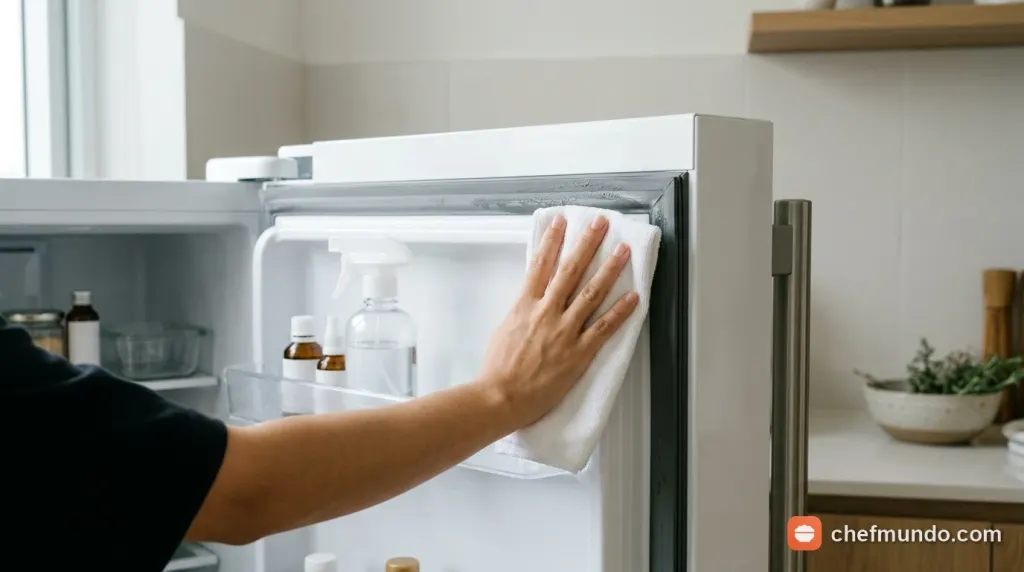Lau chùi bề mặt khay tủ lạnh bằng dung dịch baking soda để làm sạch cặn bẩn và mùi tanh cá