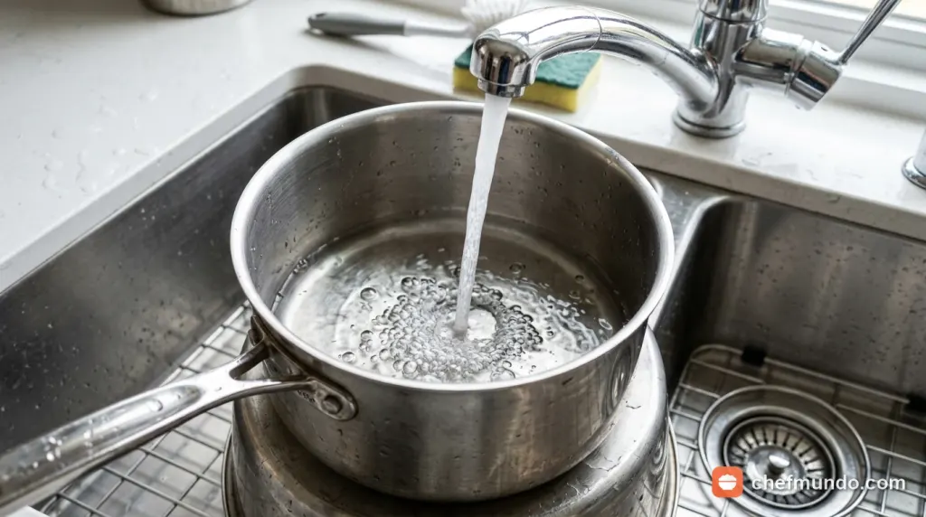 Quy trình đun sôi nước gừng tươi và giấm trắng để khử sạch mùi tanh bám trong nồi inox
