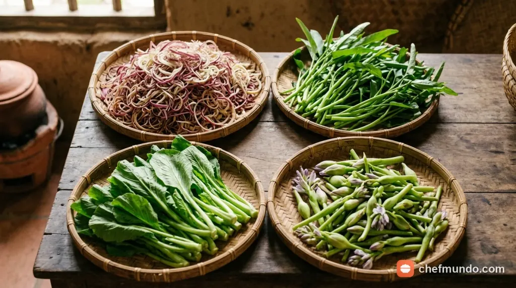 Hướng dẫn chọn rau nhúng chủ lực cho lẩu cá khoai gồm rau cần nước giòn ngọt, cải cúc và thân rau muống chẻ