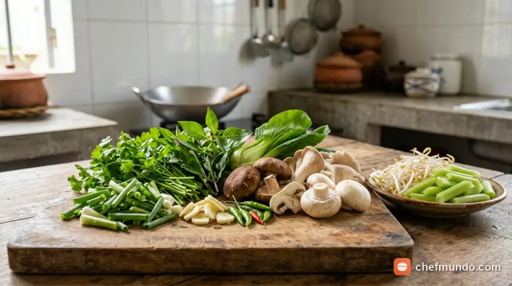 Đĩa rau nhúng được chọn kỹ và cá khoai tươi kết hợp hài hòa trong bữa lẩu gia đình