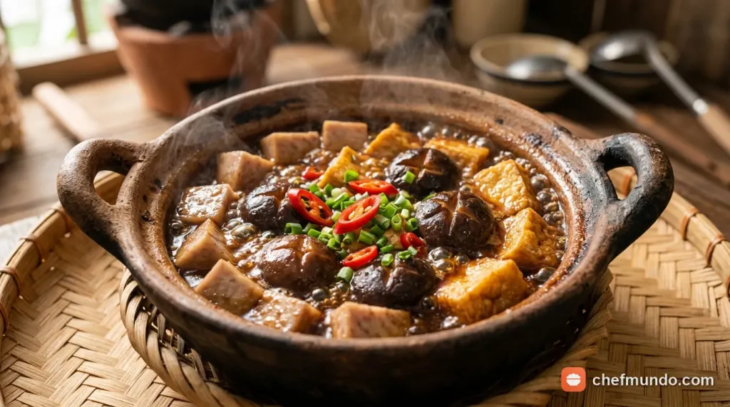 Nồi khoai môn kho chay thơm lừng với nấm đông cô và đậu hũ trong nồi đất