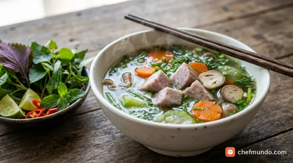 Tô canh khoai môn nấu chay thanh ngọt kết hợp cùng nấm rơm và rau củ tươi
