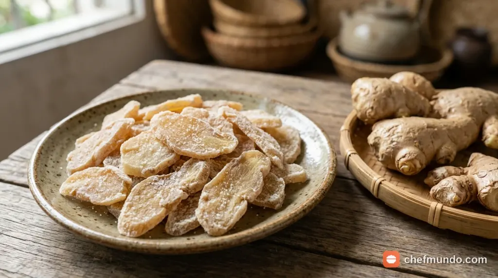 Các lát mứt gừng sấy khô và gừng ngào đường được cân đo định lượng calo chính xác
