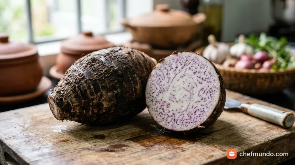 Củ khoai môn cao tươi cắt lát lộ rõ vân tím giàu tinh bột dùng làm mứt