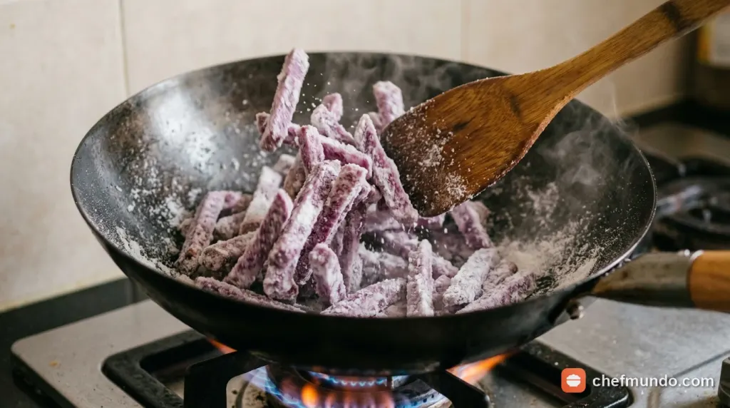 Kỹ thuật sên mứt khoai môn trên chảo khi đường bắt đầu kết tinh thành phấn tuyết trắng
