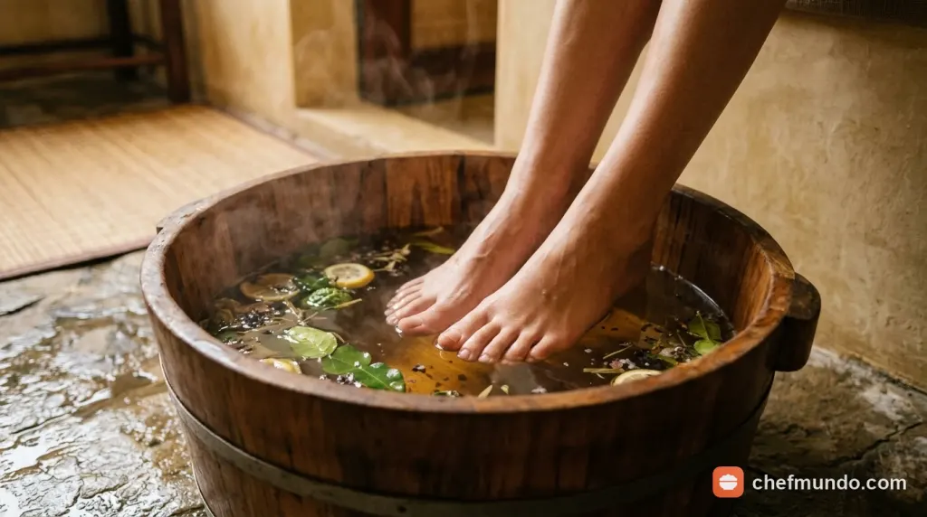 Người lớn ngâm chân thư giãn trong chậu nước gừng ấm tại nhà