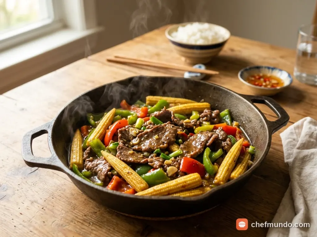 Đĩa ngô bao tử xào thịt bò thơm giòn hấp dẫn