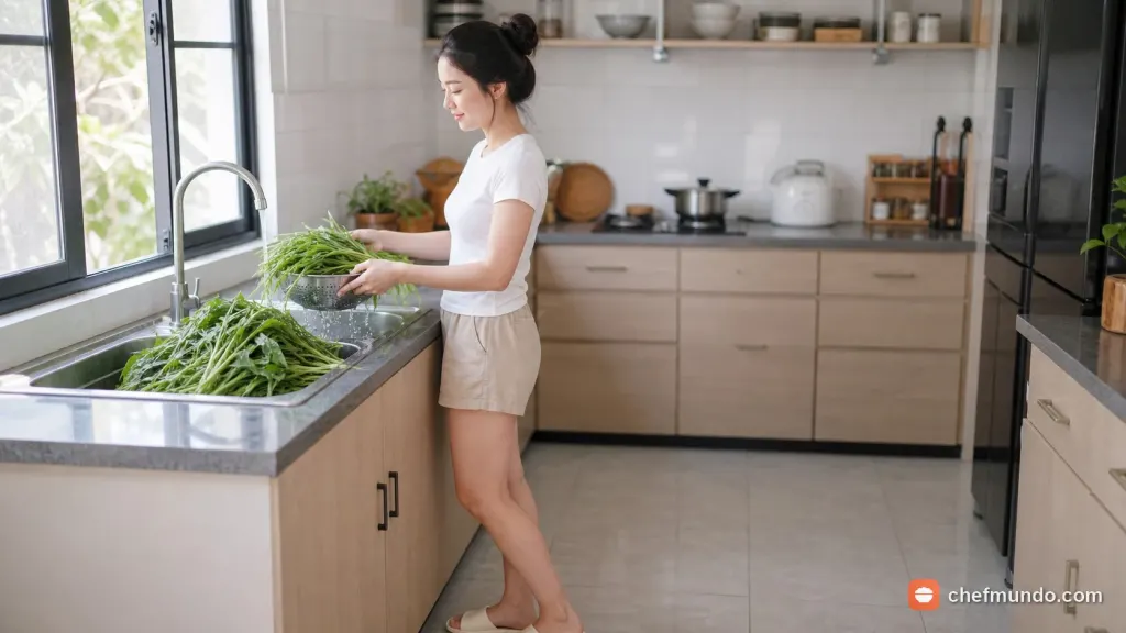 Rửa sạch rau muống tươi dưới vòi nước chảy để chế biến món ăn an toàn cho người bệnh tiểu đường