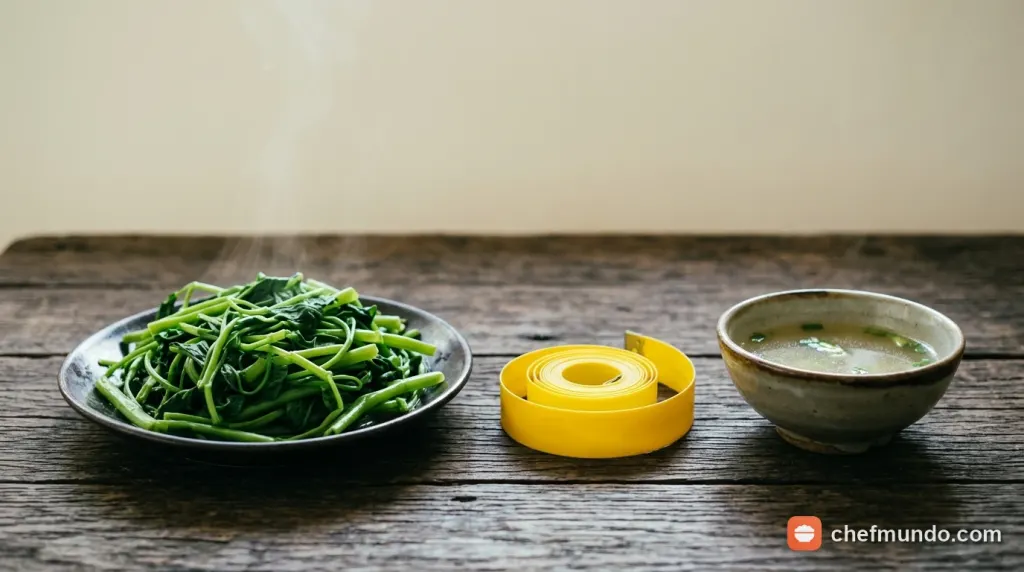 Bữa cơm gia đình với món canh rau muống thanh đạm và thực đơn dinh dưỡng cân bằng cho người tiểu đường