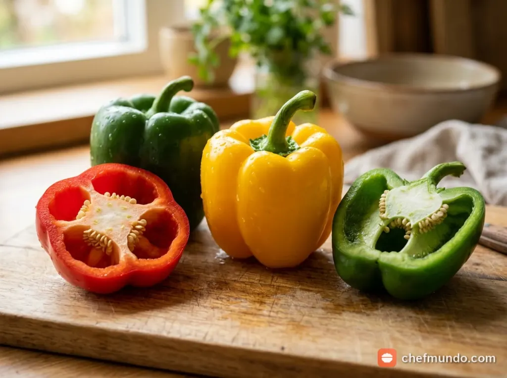 Ớt chuông cắt đôi để lộ phần thịt dày giòn và ruột hạt bên trong