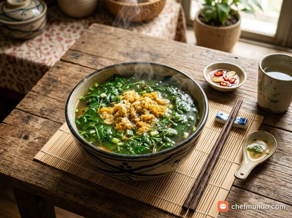 Bát canh cua rau đay nóng hổi thơm ngon trên mâm cơm