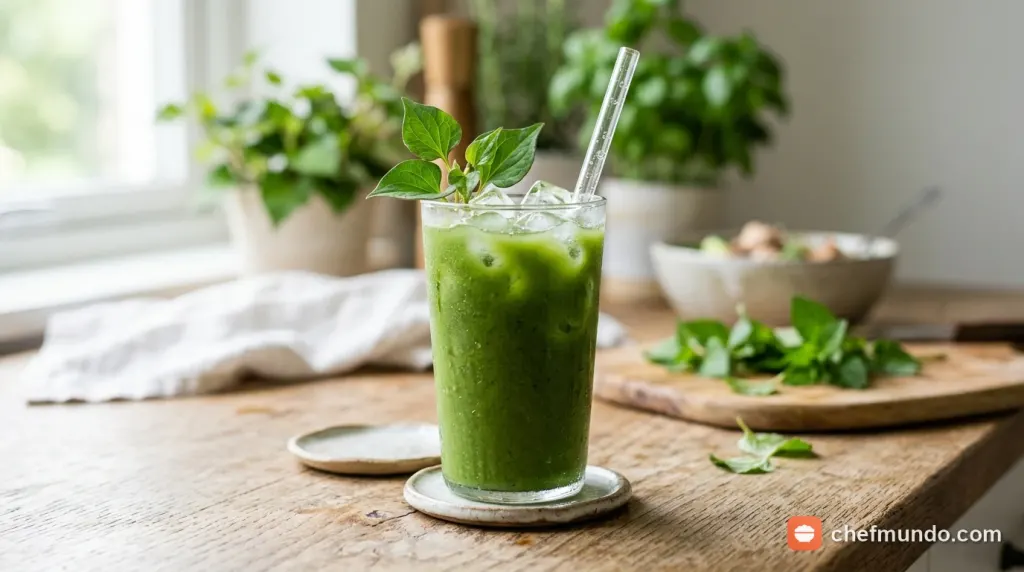 Ly nước ép rau diếp cá xanh mát pha nước dừa thanh nhiệt