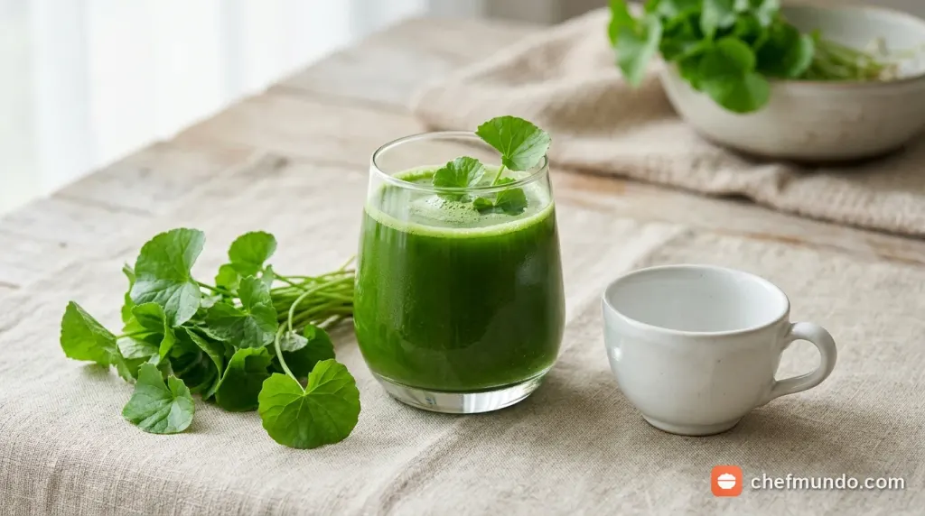 Ly nước rau má tươi thơm ngon bên cạnh các nguyên liệu thảo mộc tự nhiên