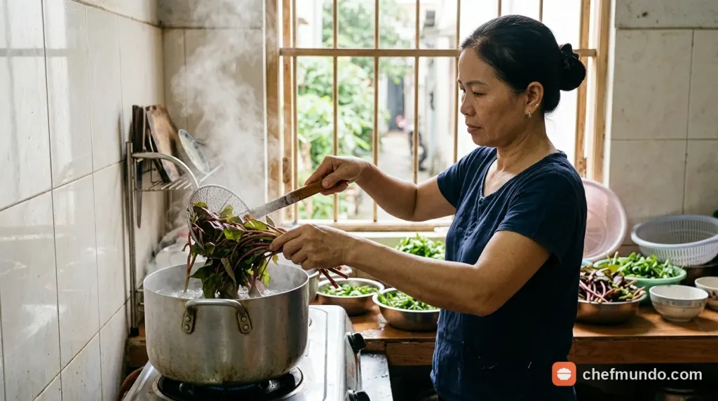 Đĩa rau muống đỏ xào tỏi thơm lừng xanh giòn hấp dẫn trong bữa cơm gia đình