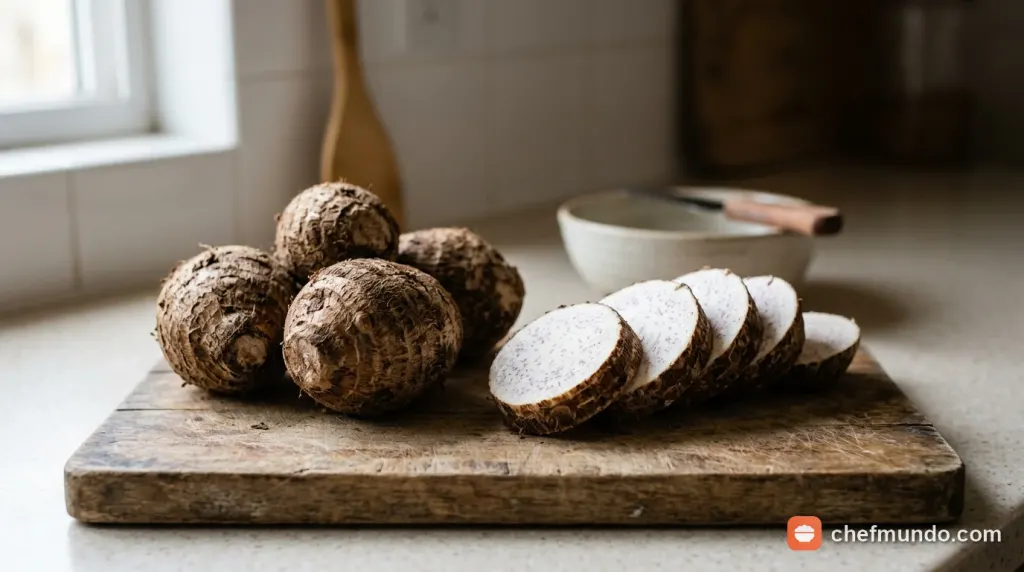 Củ khoai môn tươi ngon được sơ chế sạch sẽ chuẩn bị nấu món ăn bồi bổ sau sinh