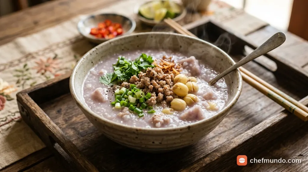 Món cháo khoai môn thịt băm hạt sen thơm bùi ấm nóng hỗ trợ phục hồi sức khỏe cho mẹ bỉm