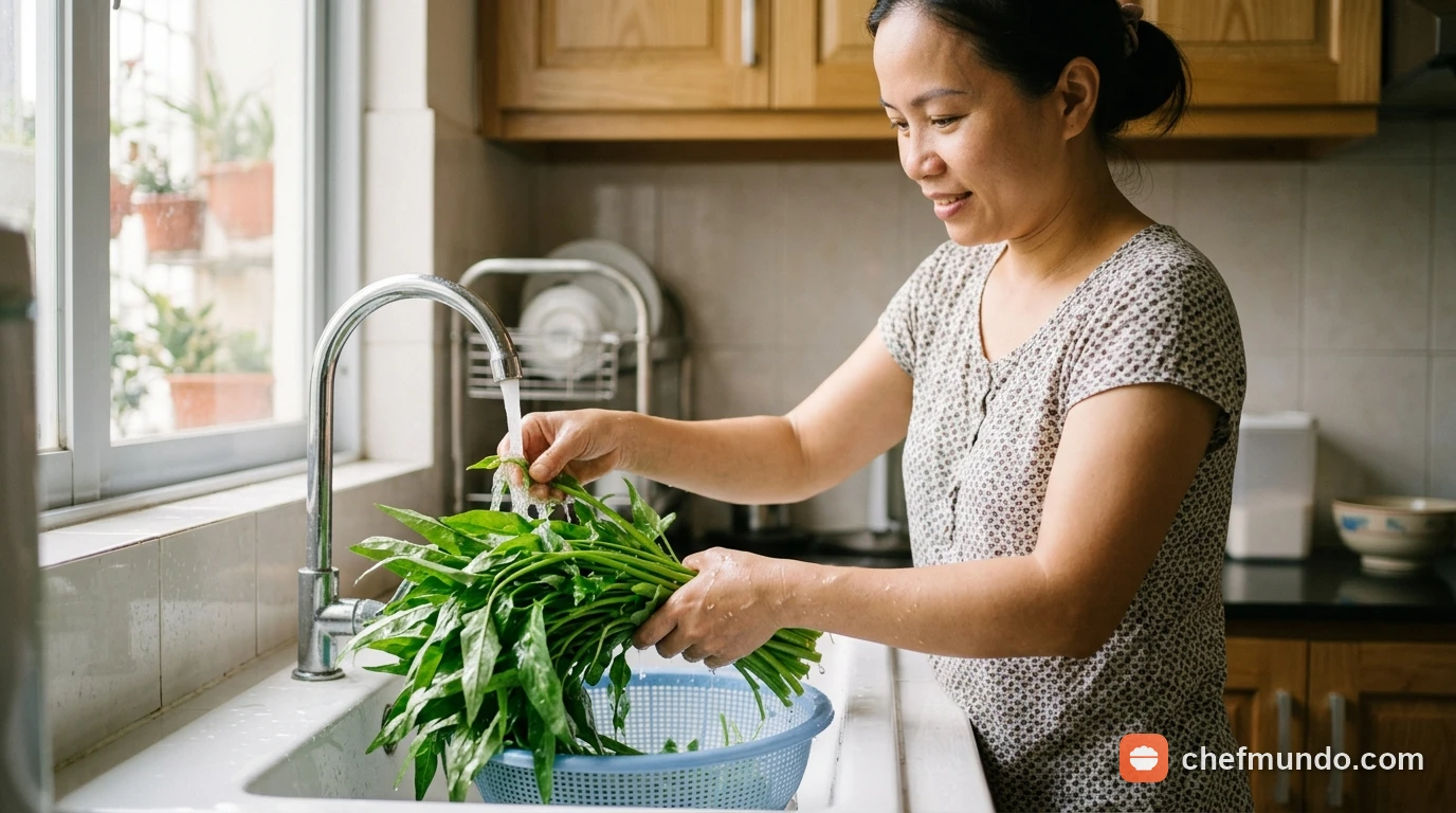 Sơ chế và rửa sạch rau muống kỹ trước khi chế biến cho người mới hút thai