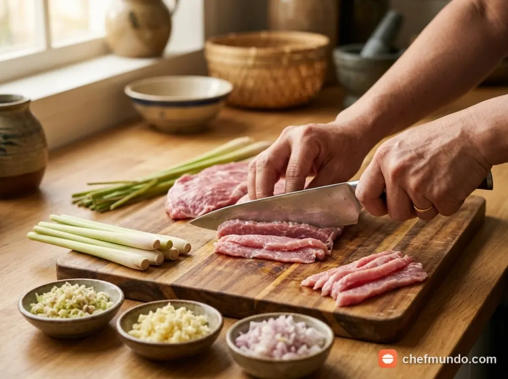 Sơ chế thịt bê và sả cây