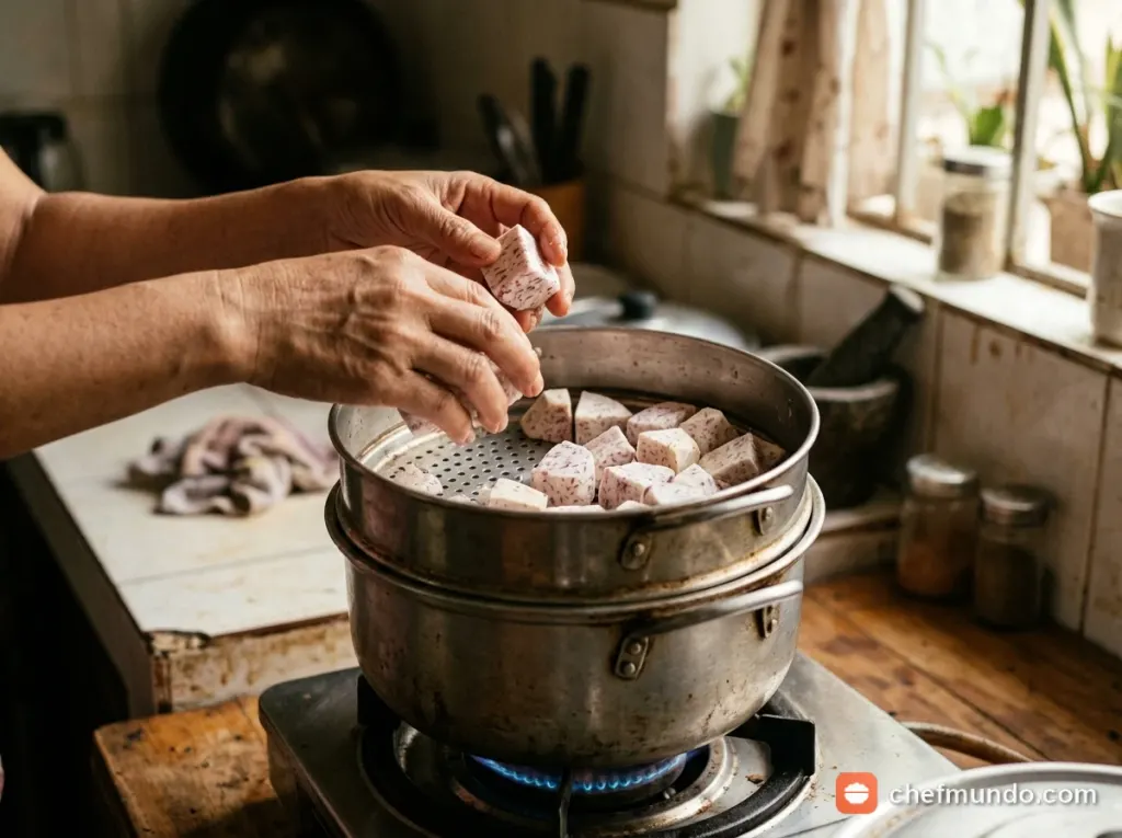 Sơ chế và hấp chín khoai môn tươi