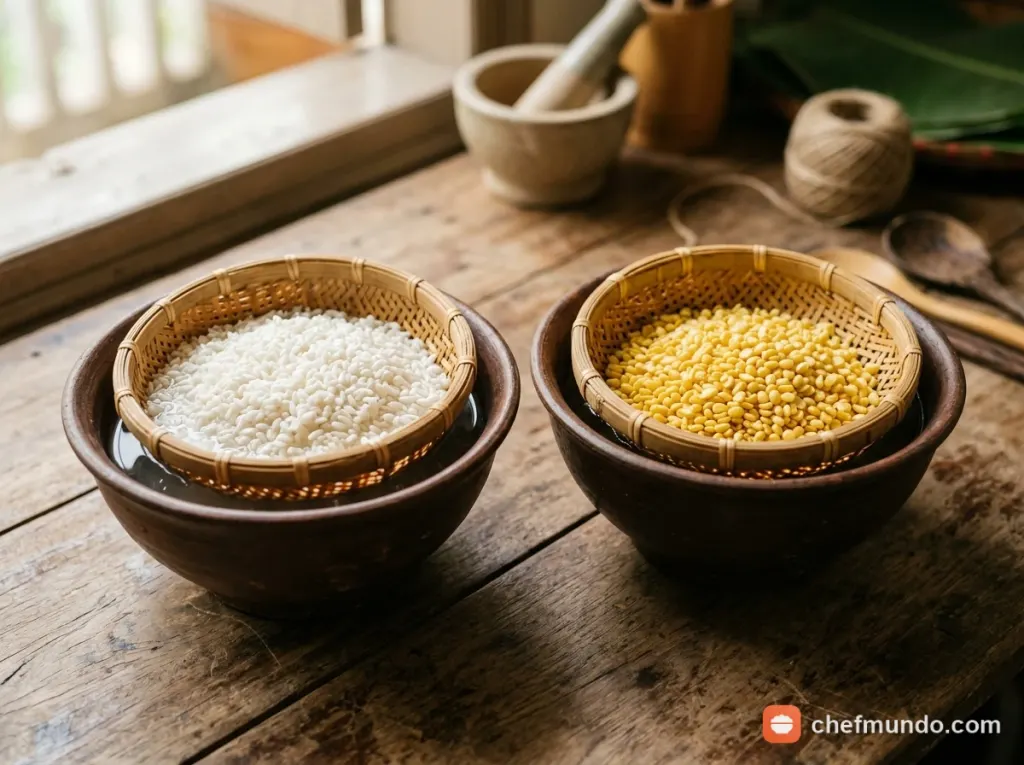 Sơ chế và ngâm gạo nếp, đậu xanh