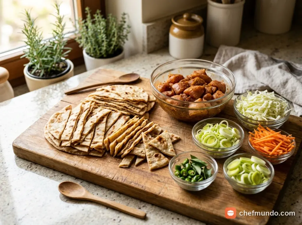 Sơ chế thịt gà, rau củ và cắt bánh mì dẹt