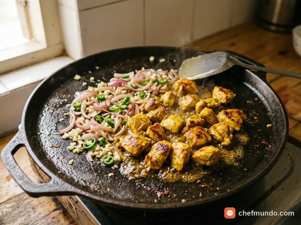Xào chín thịt gà cùng gia vị cay thơm